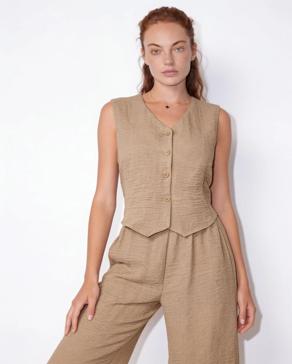 Elara™ Leinenlook-Zweiteiler mit Weste & Hose