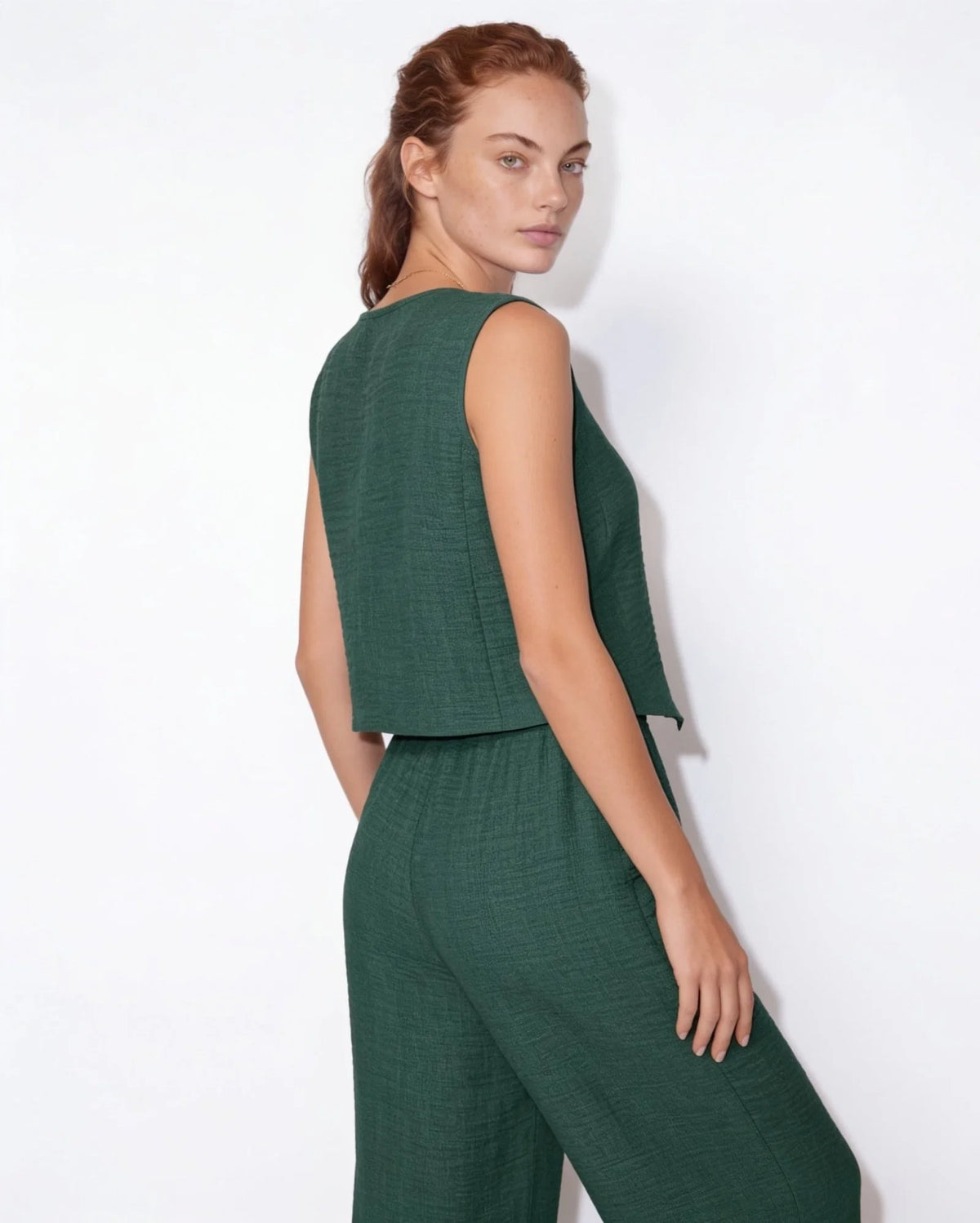 Elara™ Leinenlook-Zweiteiler mit Weste & Hose
