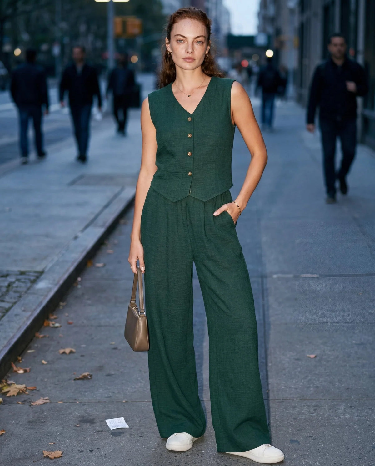 Elara™ Leinenlook-Zweiteiler mit Weste & Hose