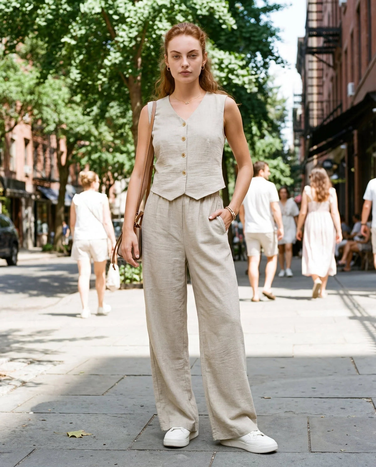Elara™ Leinenlook-Zweiteiler mit Weste & Hose