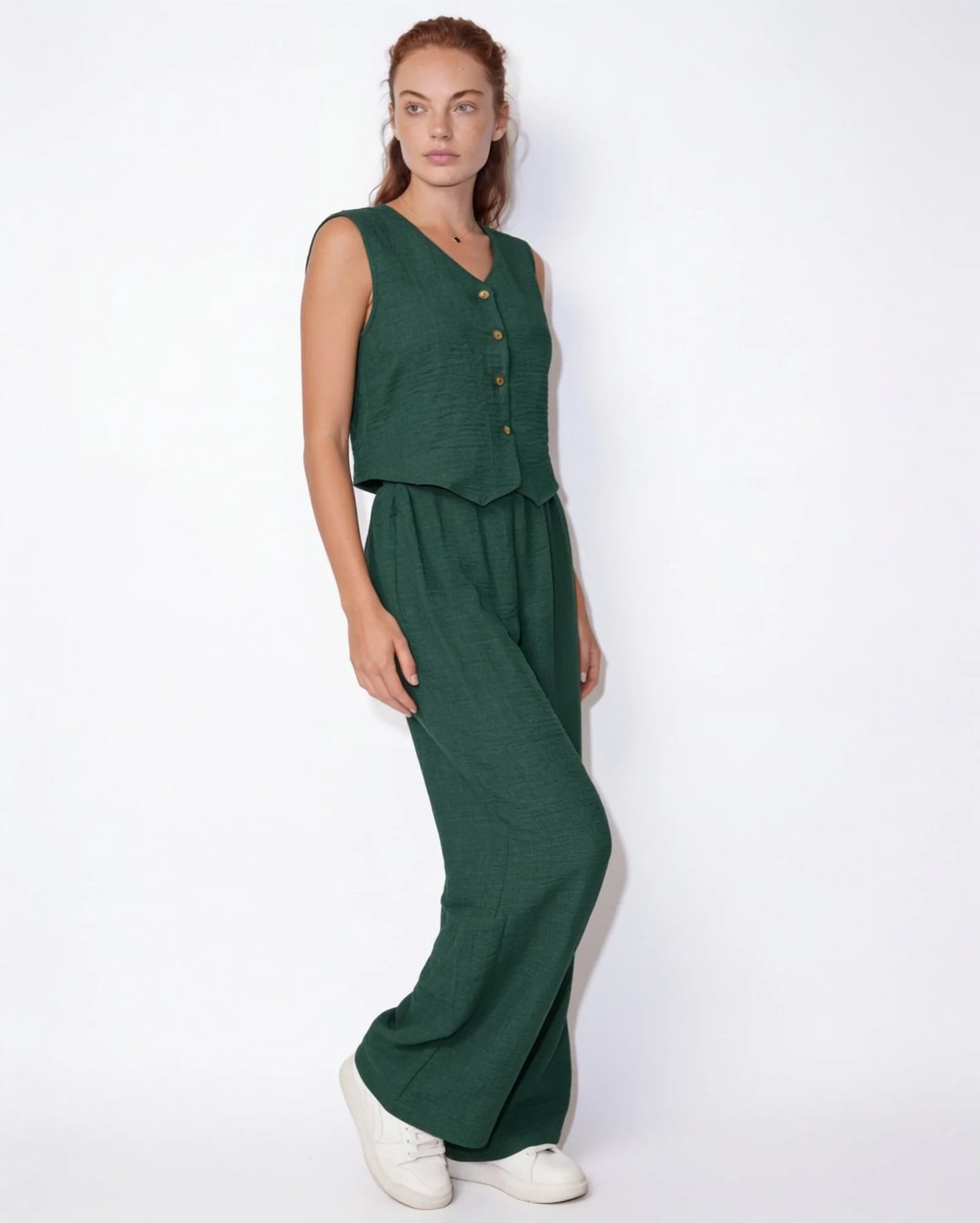 Elara™ Leinenlook-Zweiteiler mit Weste & Hose