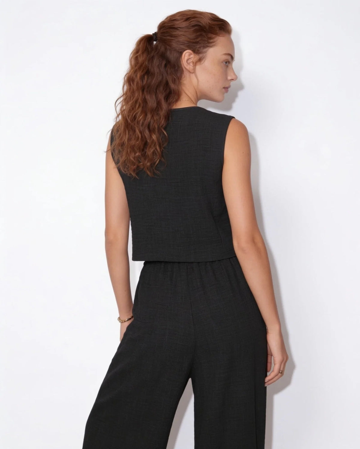 Elara™ Leinenlook-Zweiteiler mit Weste & Hose