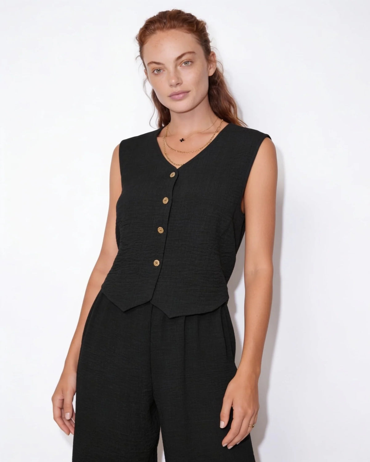 Elara™ Leinenlook-Zweiteiler mit Weste & Hose