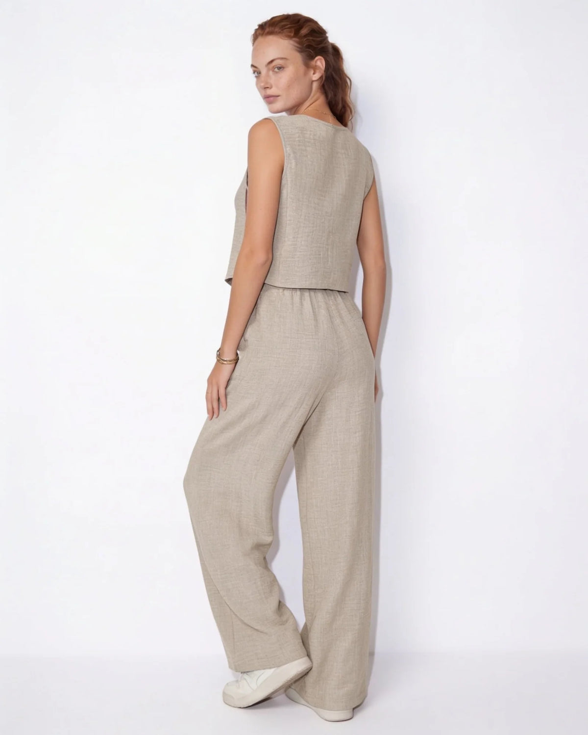 Elara™ Leinenlook-Zweiteiler mit Weste & Hose