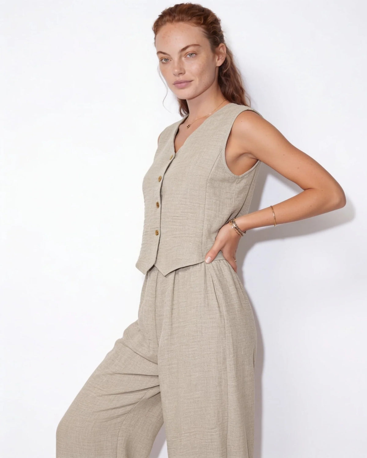 Elara™ Leinenlook-Zweiteiler mit Weste & Hose