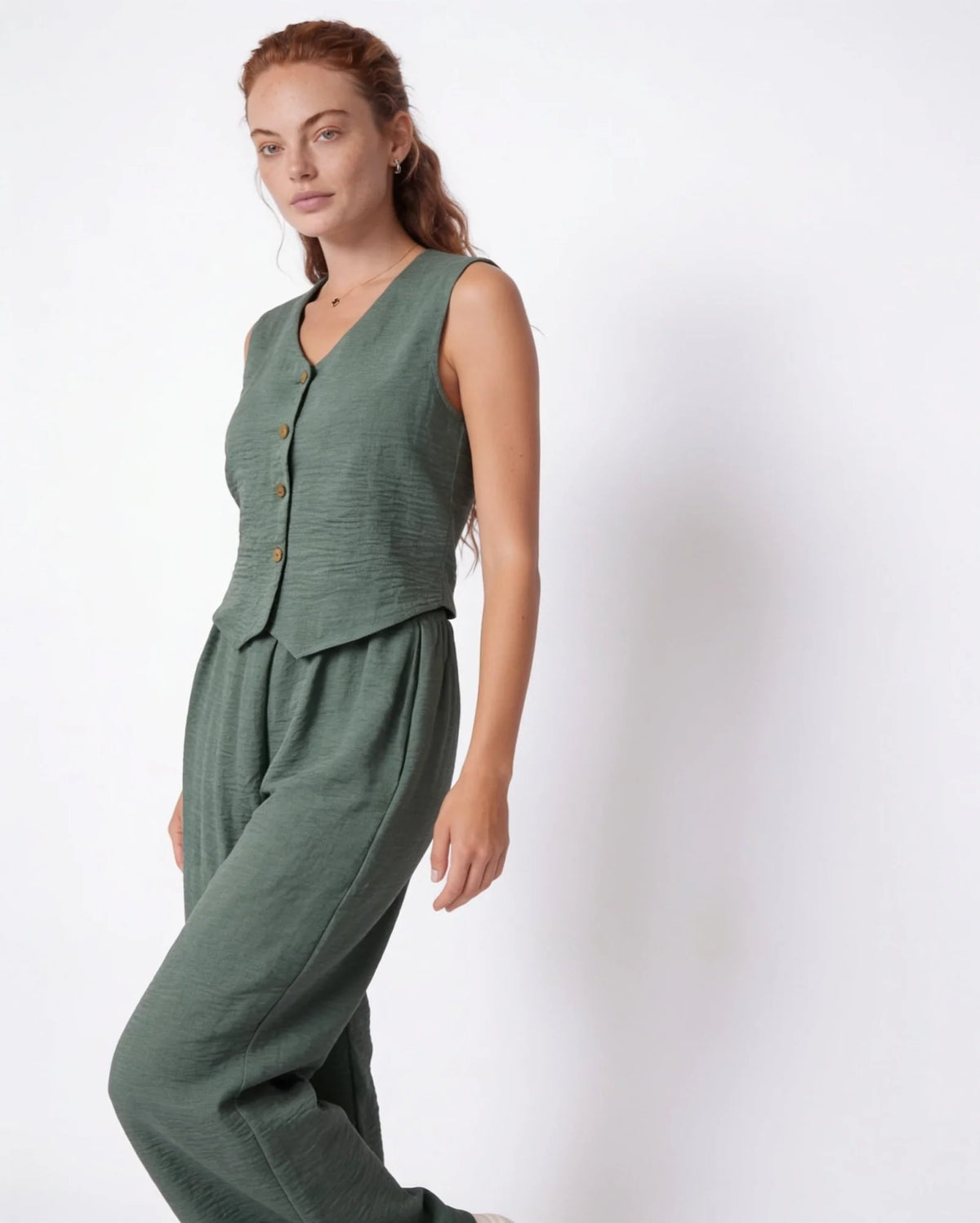 Elara™ Leinenlook-Zweiteiler mit Weste & Hose